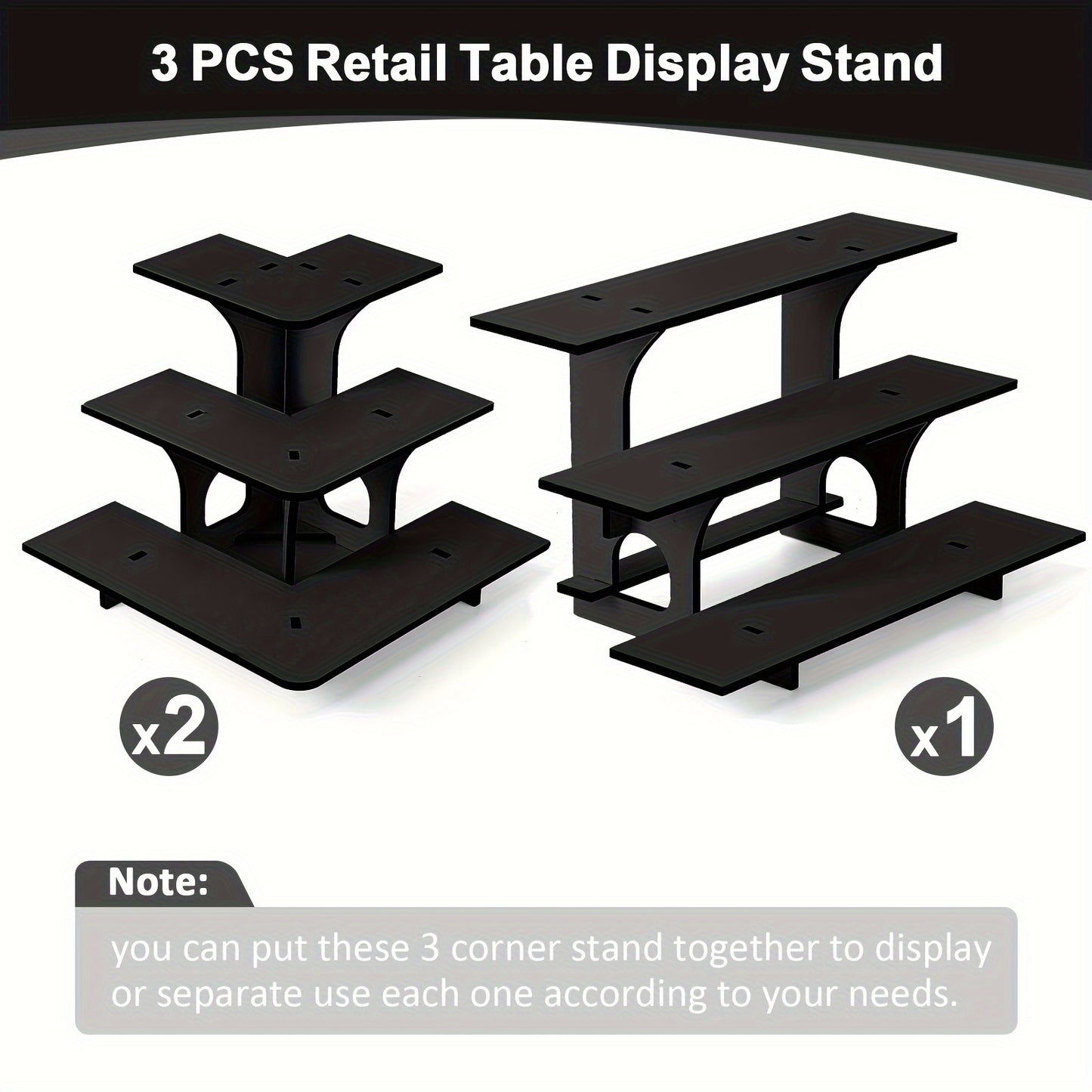 3pcs 3 Tiers Retail Table Display Stand Wooden Corner Display Rack Portable Shelf Rack for Retail Table Top, Counter Top, Craft Shows, Farmers Market, Trade Shows Small Products Display (Black)