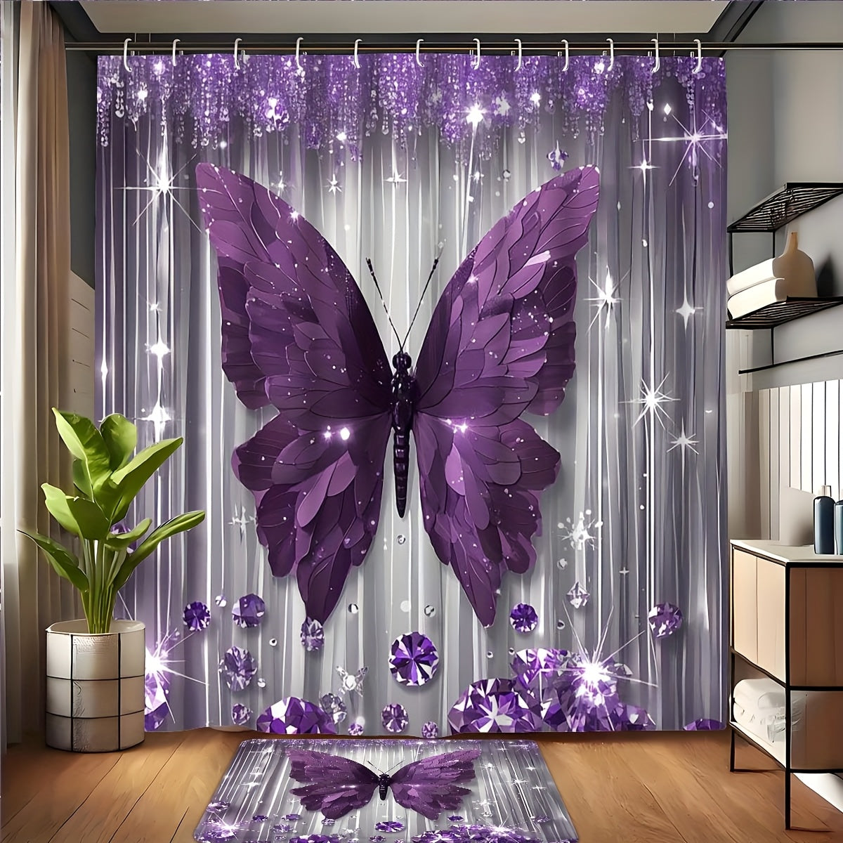 1pc/4pcs Diamond Butterfly Print Bath Curtain Set, Non-slip Bathroom, U-shaped, Toilet Seat Cover, Machine-washable Nylon Bath Curtain With 12 Durable Hooks 70.8x70.8 Inches, Bathroom Decorations And Accessories, Suitable For All Season