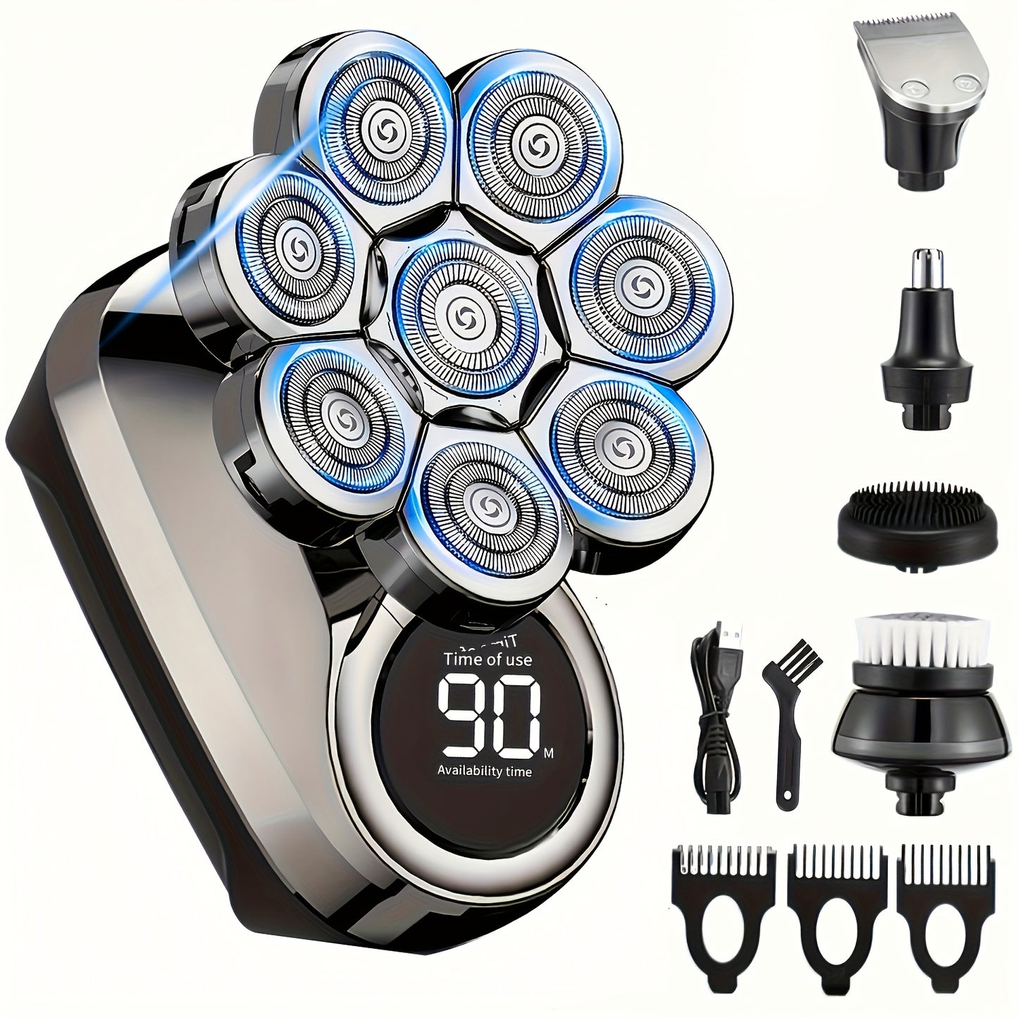 Electric Shaver for Bald Head | Rechargeable Multifunctional Grooming Kit with Type-C Fast Charging, Includes 5-in-1 Grooming Attachments and Standalone Multi-Head Bald Shaver, Suitable for Bald Shaving, Beard Trimming, Nose Hair Trimming