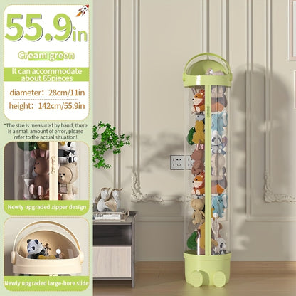 Transparent Cylindrical Doll Storage Bin with Zipper - Children's Plush And Dolls Storage Organizer for Home Use, Easy to Assemble, Suitable for Living Rooms, Bedrooms, Storage Rooms, Etc