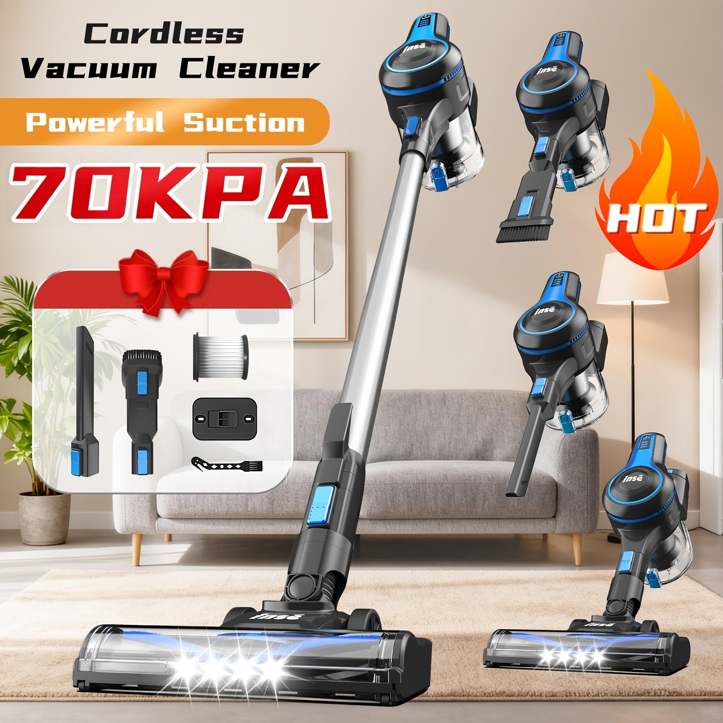 Vacuum Cleaner Cordless & Corded 2-in-1, INSE 35-70KPA Powerful Suction 6-in-1 Handheld Vacuum with Detachable Battery, 45-Min Runtime, 50.5oz Dust Cup, LED Brush – For Home Hardwood Floor Carpet Pet Hair