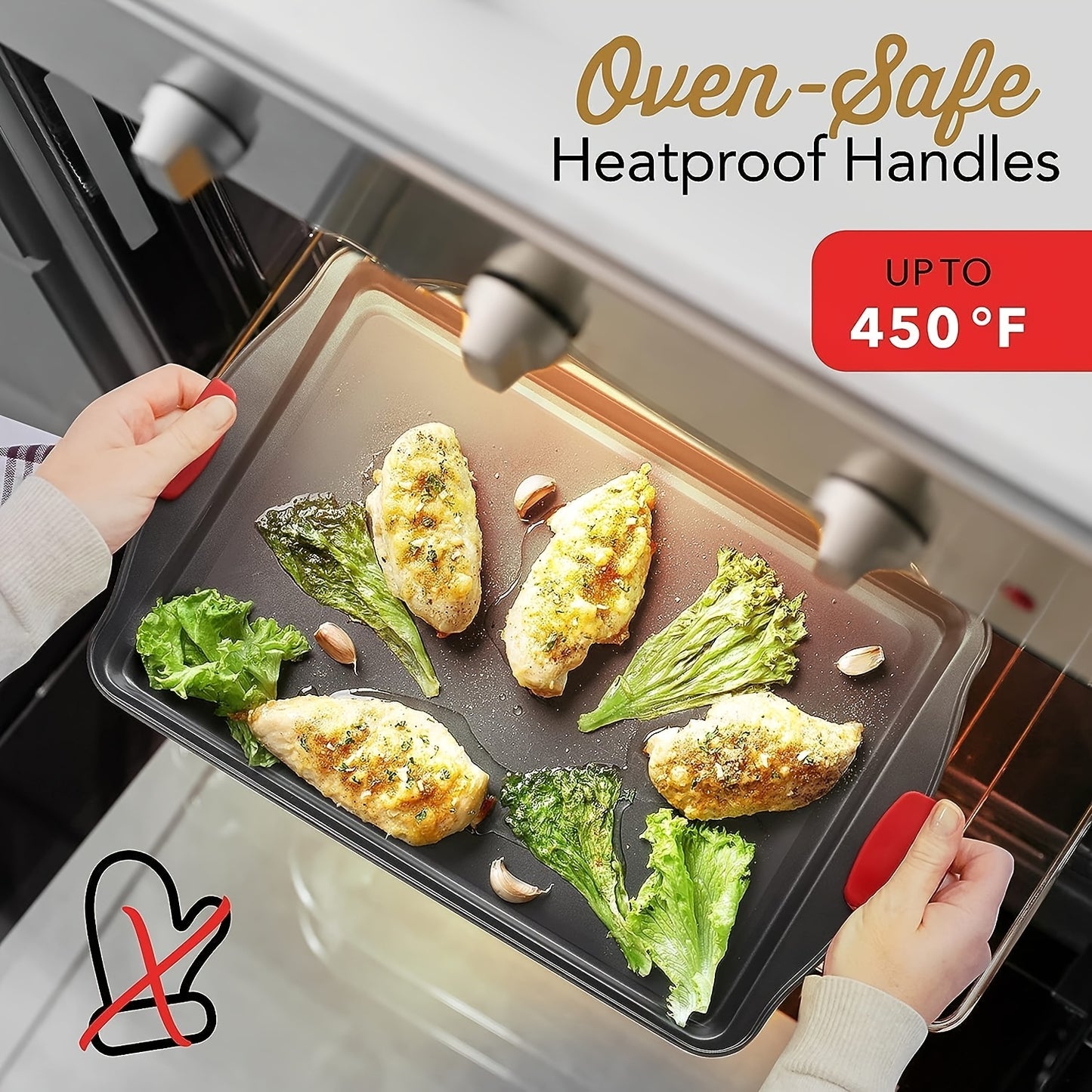 Set of 3 Carbon Steel Non-Stick Baking Pans | Additions for Oven & Toaster, Suitable for Commercial Use, Double-Sided Non-Stick End, Elegant Design with Red Silicone Handle - Safe for Oven Use, Professional Kitchen Tools