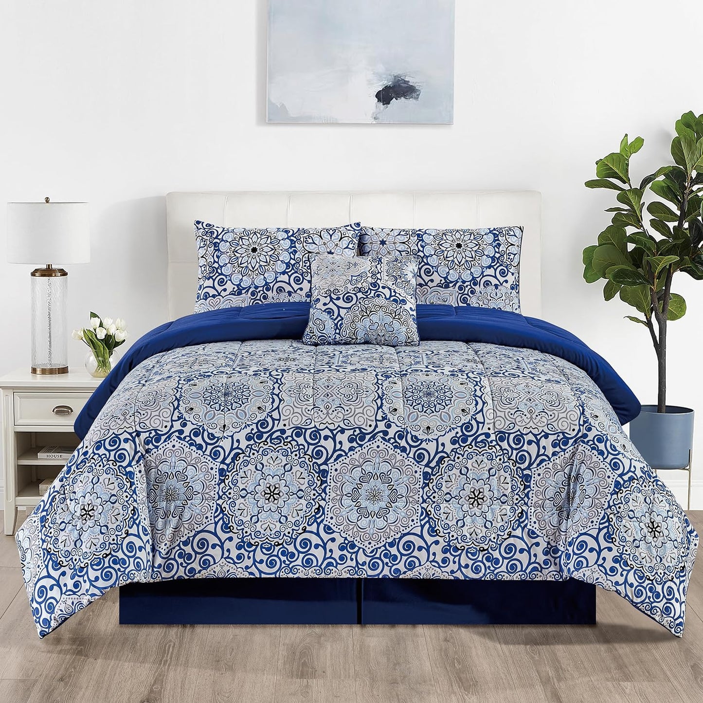 Lux Decor 5 Pieces Comforter Set - Reversible Duvet Insert - Quilted Comforter Smooth, Breathable & Machine Washable, Soft and Comfortable Bedding, Down Alternative Comforter Included 2 Pillow Shams, Bed Skirt, & Cushion - All Season Gift Choice