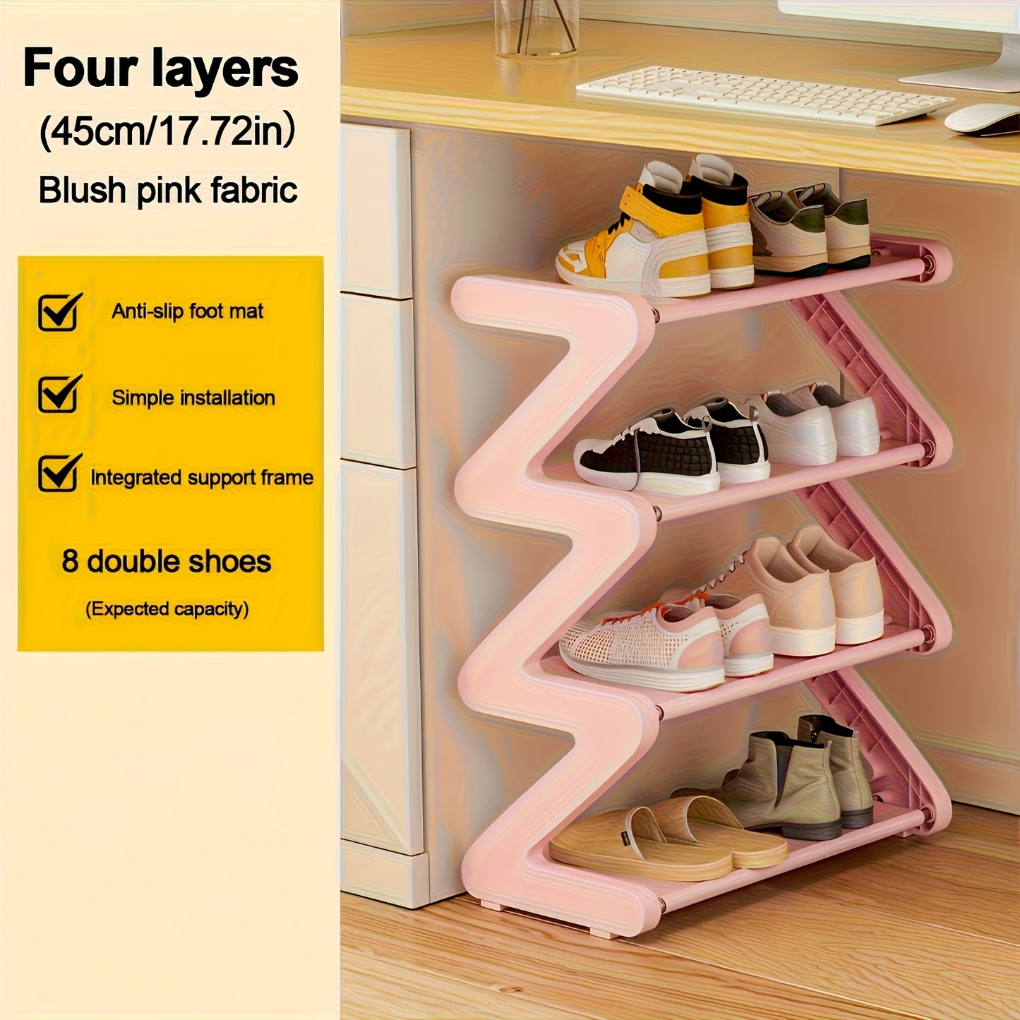 4-Tier Shoe Rack Upgraded Metal Tubes – Multi-Layer Shoe Storage Organizer with Thickened Plastic Parts for Entryway, Doorway, Bedroom, Hallway & Dorm – Graphite Black, Pink, Gray & Blue