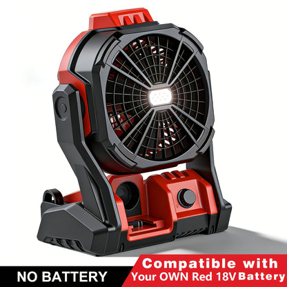 Battery Operated Fan, for RED 18V Battery, Camping Fan Cordless, Option for Corded, with LED Lights, Variable Speed, Hook for Hanging, for Jobsite, Red (Battery Not Included)