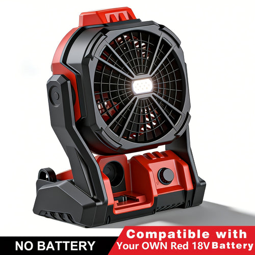 Battery Operated Fan, for RED 18V Battery, Camping Fan Cordless, Option for Corded, with LED Lights, Variable Speed, Hook for Hanging, for Jobsite, Red (Battery Not Included)