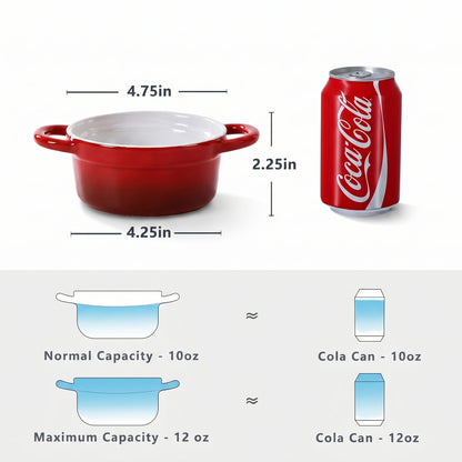 Set of 4 Mini Cocotte - 12Oz Ceramic Casserole Dishes - Kitchen Casserole Sets Featuring Handles And Lids - Small Baking Ramekins - Safe for Oven, Microwave & Dishwasher - Red