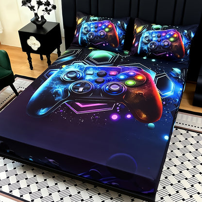 3pcs Gaming Bed Sheet & Mattress Protector Suitable for Boys and Girls, Gamepad Bedding with Deep Pocket Fitted Sheet + 2 Pillowcases, Machine Washable Bed Sheets for Dorm Room Decor, Gift for,, Gamers (No Filling)