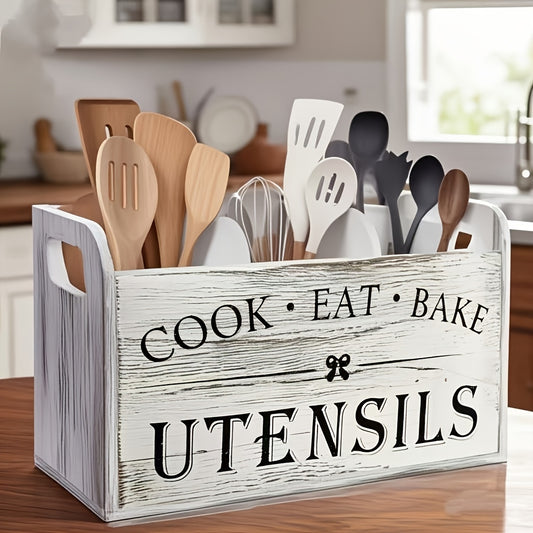 Kitchen Utensil Organizer - Extra Large Rustic Wooden Utensil Holder with 3 Compartments, Countertop & Wall Mounted Storage Rack for Cooking Baking Tools, Heavy Duty Natural Wood Kitchen Caddy