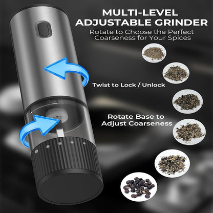Electric Pepper Grinder USB-C Rechargeable – 5-Level Adjustable Coarseness, One-Hand Operation, Stainless Steel Pepper Mill with Ceramic Core for Kitchen Cooking, Outdoor BBQ & Grilling