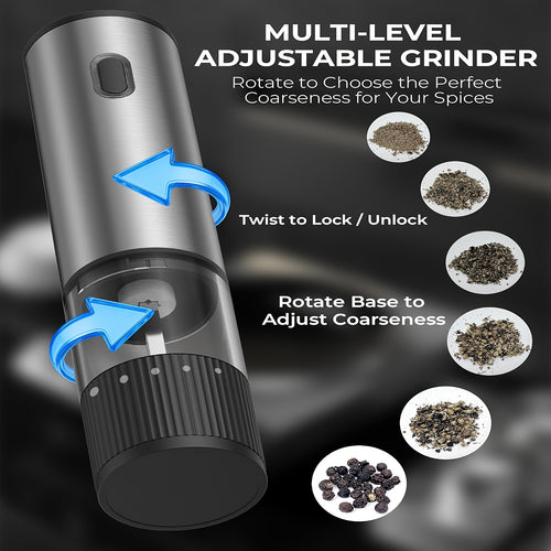 Electric Pepper Grinder USB-C Rechargeable – 5-Level Adjustable Coarseness, One-Hand Operation, Stainless Steel Pepper Mill with Ceramic Core for Kitchen Cooking, Outdoor BBQ & Grilling