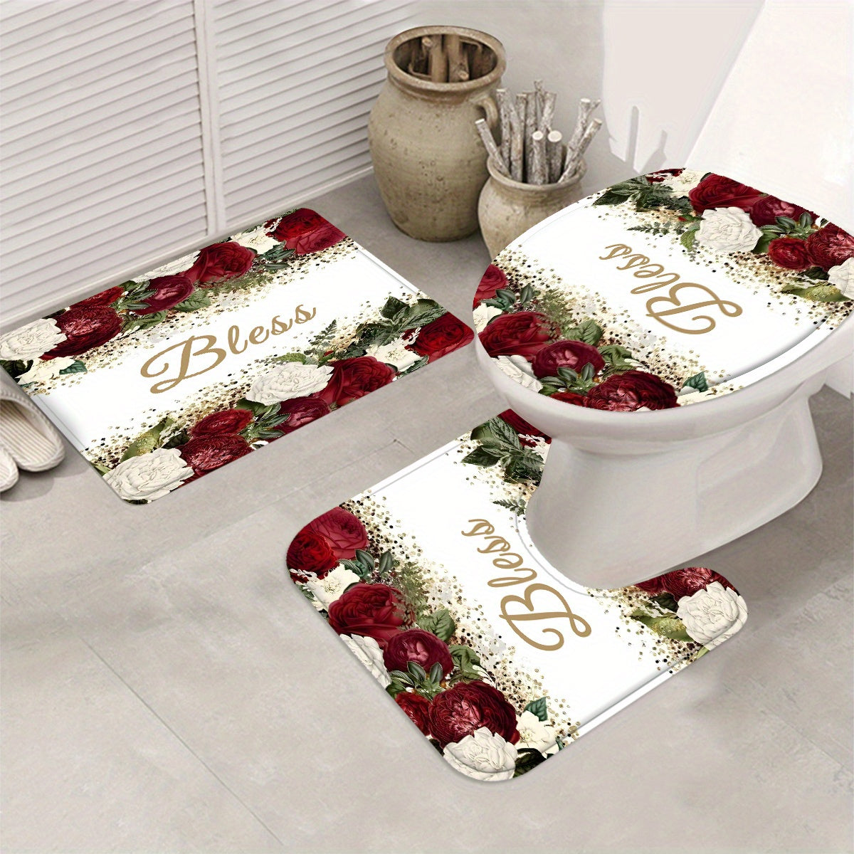 4pcs Complete Bathroom Set with Rose Blessing Printed Pattern, Elegant Modern Design for Home Decor, Shower Curtain, Complete 4pcs Toilet Lid Cover Set, Easy to Install, with 12 Durable Hooks - The Perfect Gift for Friends and Family