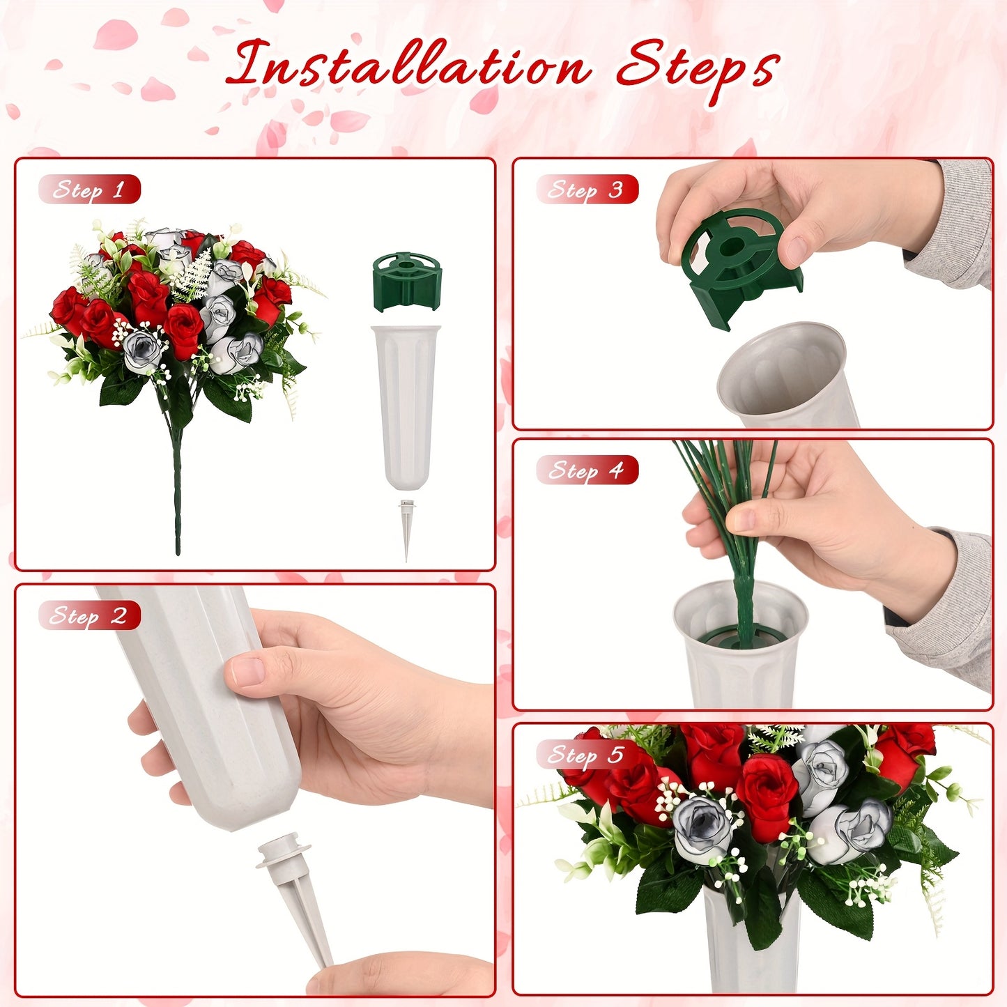 Artificial Cemetery Flowers for Grave with Saddle, Silk Rose Bouquet Headstone Decoration, Memorial Day Grave Flowers, Outdoor Grave Marker Floral Arrangement, 1/2/3 PCS