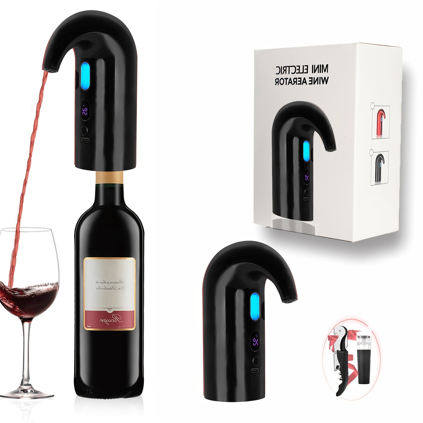 3-in-1 Mini Electric Wine Aerator, Decanter & Dispenser Set: USB Rechargeable Automatic Wine Pourer, With Wine Opener, Wine Stopper, Deal Gift For Wine Lover