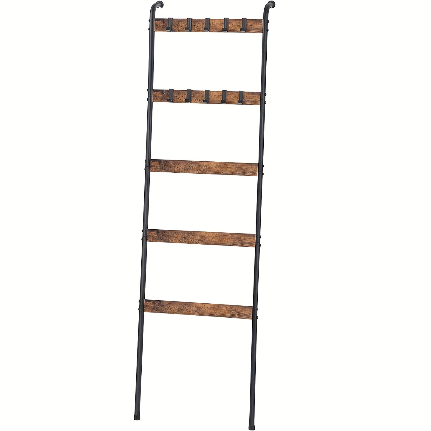 Blanket Ladder, 5 Tier Blanket Holder with 10 Removable Hooks, Farmhouse Style Blanket Ladder for Living Room Bathroom, Decorative Wall Mounted Wooden Quilt Standing Towel Drying Storage Rack, Towel Racks