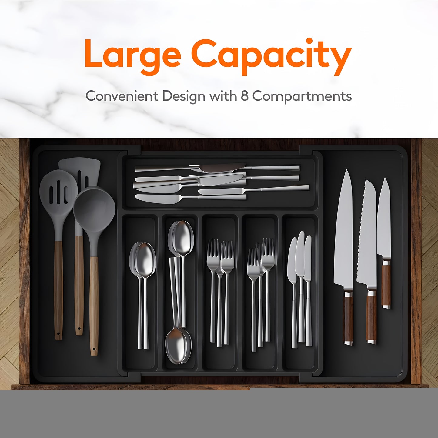 Silverware Organizer Utensil/Knife Storage Box, Adjustable Storage Box, Cutlery Storage Box, Kitchen Organizers And Storage, Organization And Storage. Maximum Length 22.4In, Width 15In, Height 2In. Local Warehouse Items, Black/Gray/White