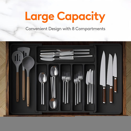 Silverware Organizer Utensil/Knife Storage Box, Adjustable Storage Box, Cutlery Storage Box, Kitchen Organizers And Storage, Organization And Storage. Maximum Length 22.4In, Width 15In, Height 2In. Local Warehouse Items, Black/Gray/White