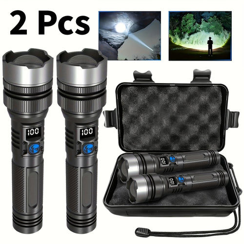 2-Pack Rechargeable Super Bright LED Flashlights (with Gift Box), 1000LUMEN Ultra-Bright Digital Display Flashlight, Multi-Function Camping, Fishing, Hunting & Emergency Lighting Tool, Men's Tool Gift, Father's Day Surprise Gift