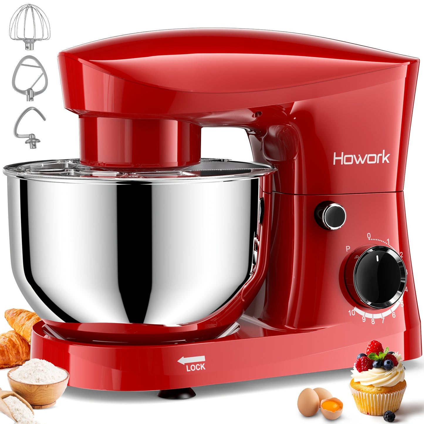 HOWORK Stand Mixer 10-Speed 5QT Electric Kitchen Mixer With Dishwasher-Safe Dough Hooks, Flat Beaters, Wire Whip & Pouring Shield Attachments For Most Home Cooks