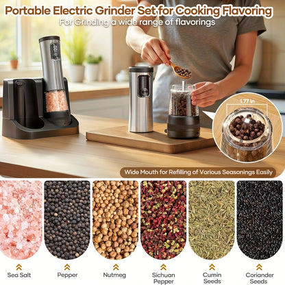 [Kitchen Gift] Rechargeable Electric Salt And Pepper Grinder Set - Extra Large Capacity With Base - Automatic Pepper And Sea Salt Grinder Set With Adjustable Roughness And LED Display - Kitchen Gift
