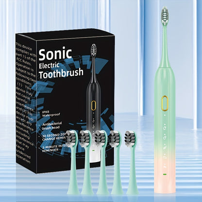 IPX8 Sonic Electric Toothbrush, USB Direct Charging, Couple Style with Replaceable Heads, Metal Shaft, for Adults (Men & Women), Rechargeable, Intelligent Timer, Includes 5 Replacement Brush Heads