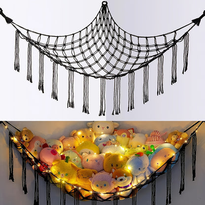 Stuffed Animal Storage Hammock with Lights Corner Hanging Toy Net Organizer for Nursery Bedroom Kids Room Decor Plush Toy Holder Christmas Halloween Easter Gift