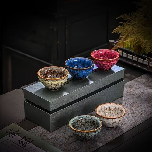 A set of handmade ceramic teacups (five pieces), kiln-fired five-element Kung Fu teacups, available in five stylish colors, beautifully designed gift box, suitable as a gift for business partners, friends, and elders.