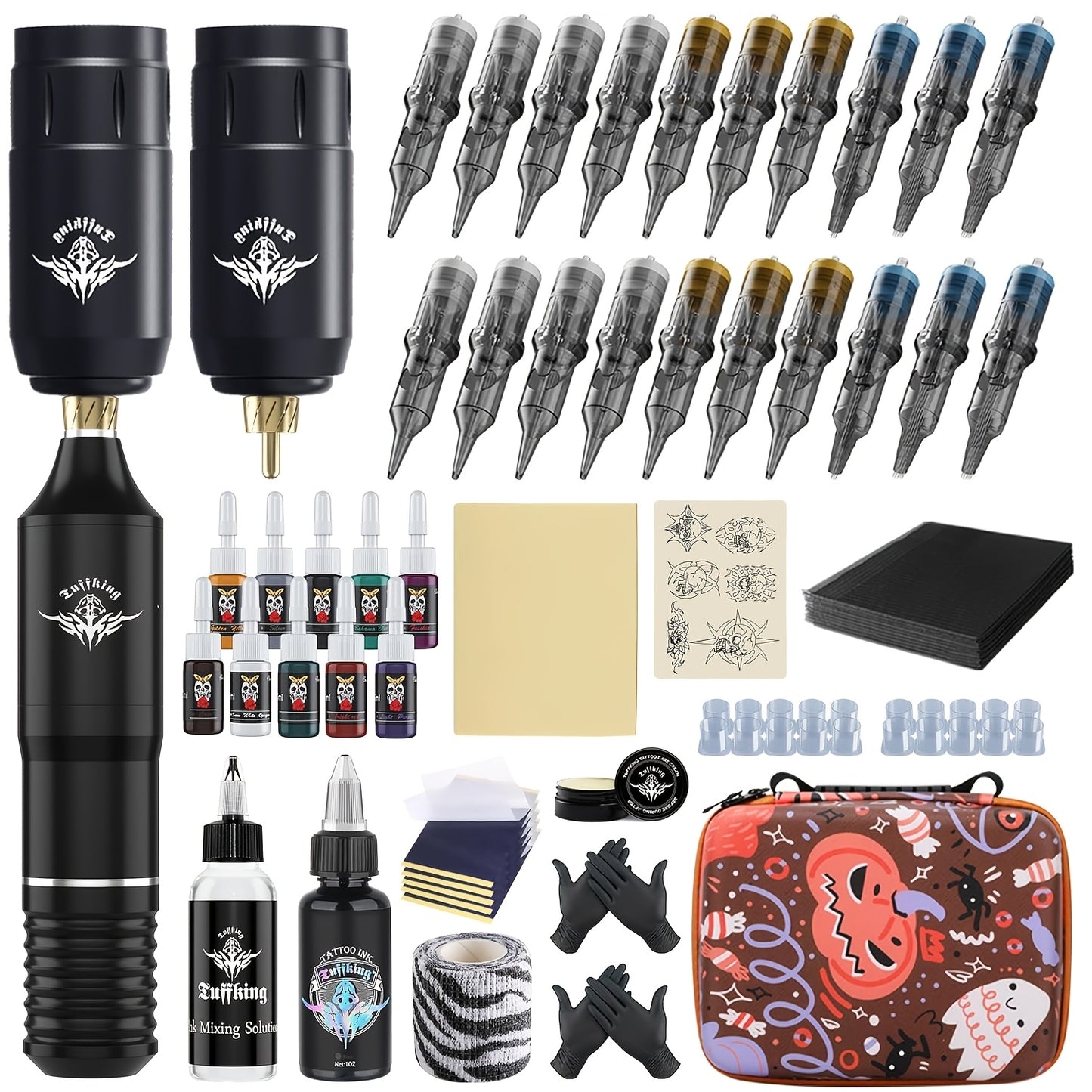 Rotary Tattoo Machine Kit 67pcs – Complete Wireless Tattoo Pen Set with Cartridge Needles, Power Supply, Practice Skin, Inks & Transfer Paper for Beginners & Artists