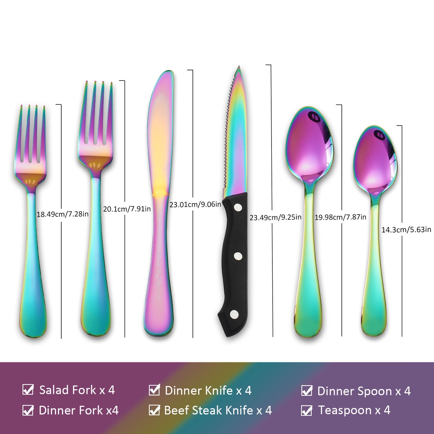 24PCS Modern Flatware Set, Stainless Steel Silverware Set with Steak Knife For 4, Rainbow Cutlery Set, Mirror Polished, Ideal for Home, Kitchen, Celebrations