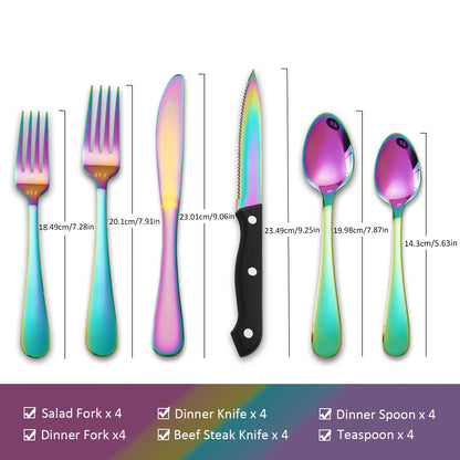 24PCS Modern Flatware Set, Stainless Steel Silverware Set with Steak Knife For 4, Rainbow Cutlery Set, Mirror Polished, Ideal for Home, Kitchen, Celebrations