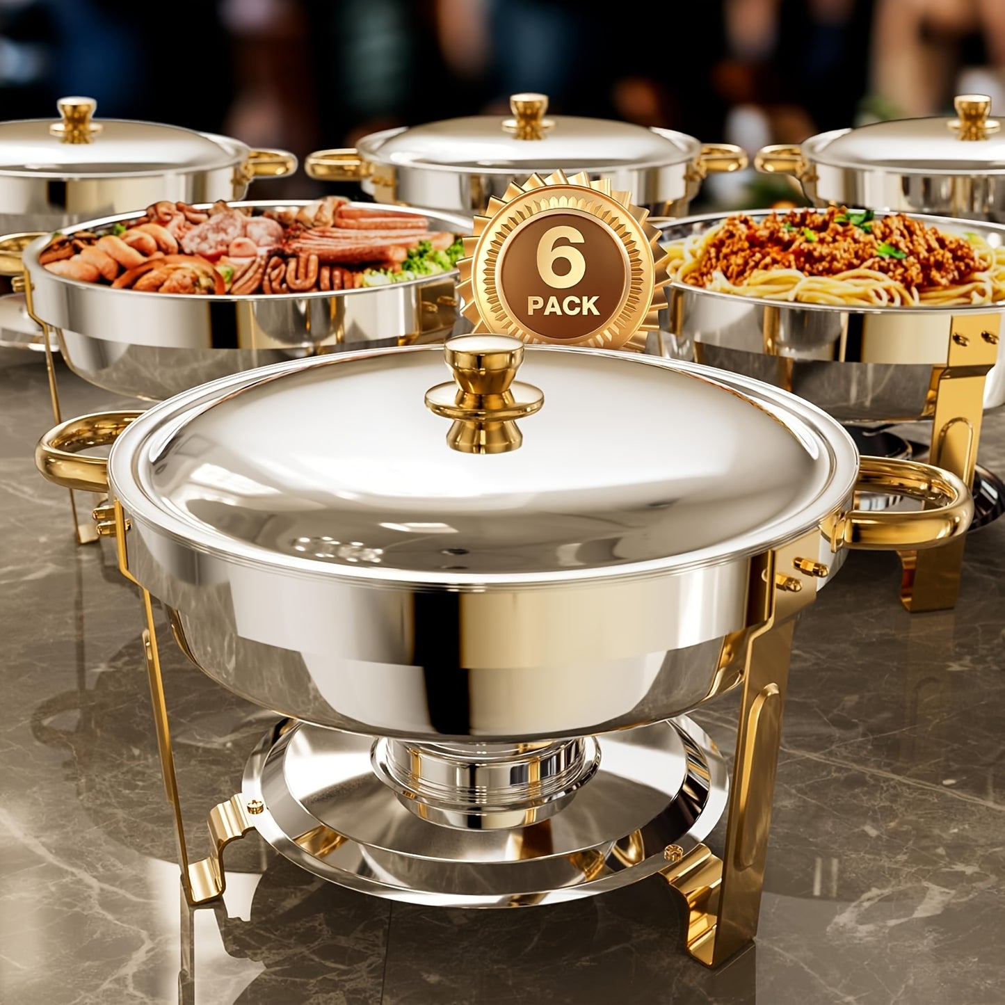 6/9QT Chafing Dishes For Buffet, 1/2/4/6 Pack Round Chafing Dish Buffet Set, High Grade Stainless Steel Buffet Food Warmers Sets For Catering Events Parties Dinners With Complete Set, Golden And Silver, Only For Cooking