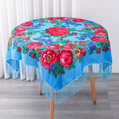 Floral Square Tablecloth with Tassels - Multicolor Flowers, Machine-Washable Polyester, Kitchen & Dining Room Table Cover with Tassel Trim