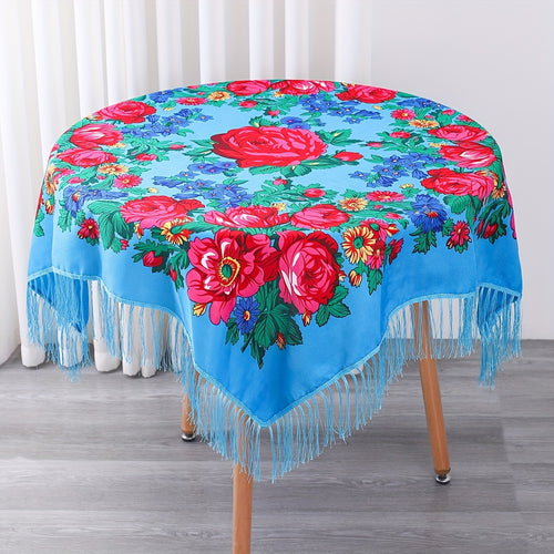 Floral Square Tablecloth with Tassels - Multicolor Flowers, Machine-Washable Polyester, Kitchen & Dining Room Table Cover with Tassel Trim