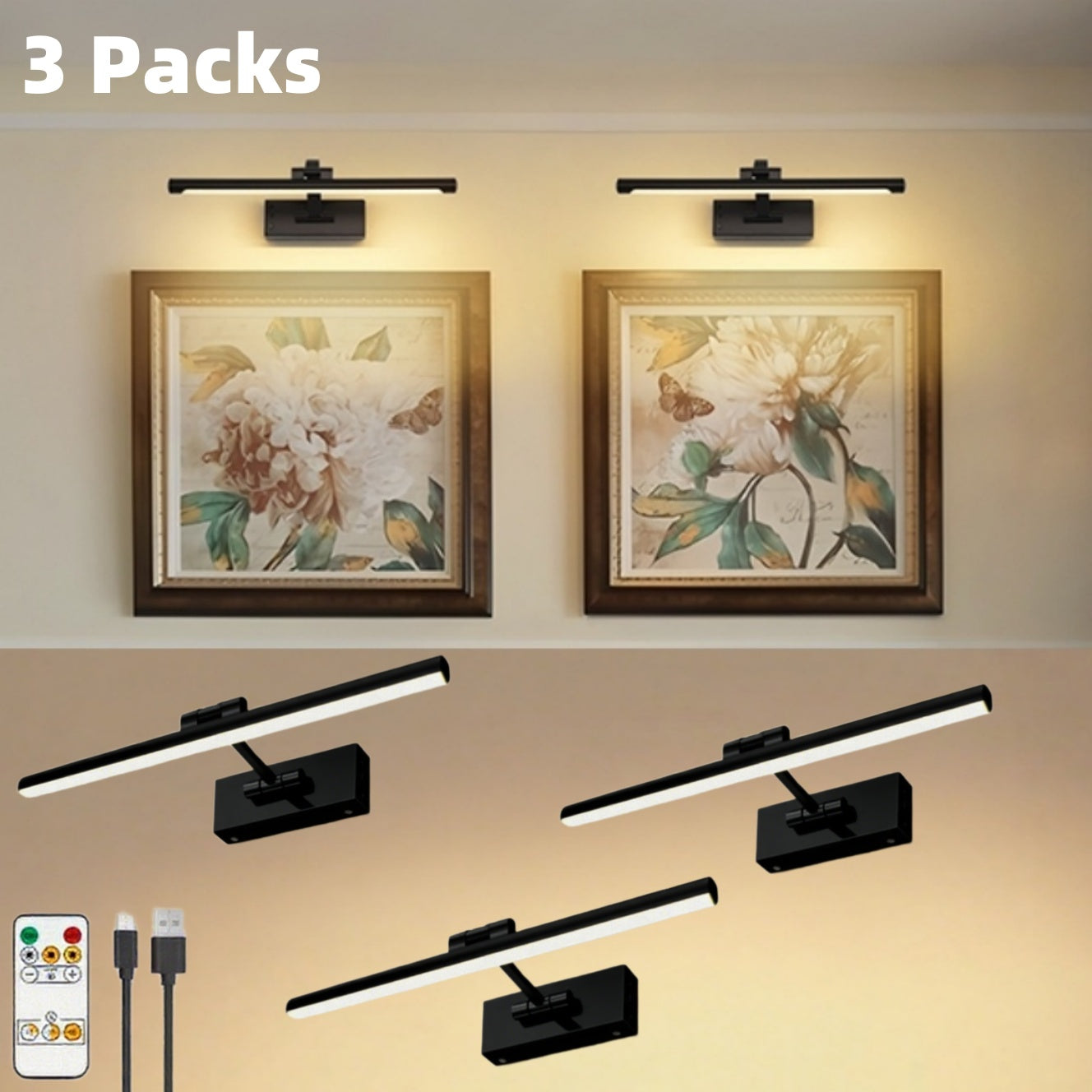 16'' Picture Light with Adjustable Brightness - Wireless Battery-Powered Wall Light (6000mAh), Remote-Controlled Atmosphere Art Light for Displaying Photos, Frames & Portraits, Enhances Home Ambiance