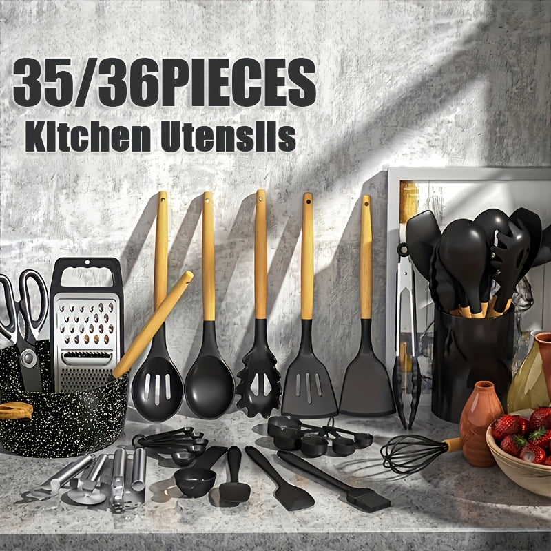 Silicone Cooking Utensils Set 35-Piece with Holder Rack Wooden Handle Heat Resistant Kitchen Tools for Non-Stick Pans – Complete Kitchen Utensil Set in Multiple Colors