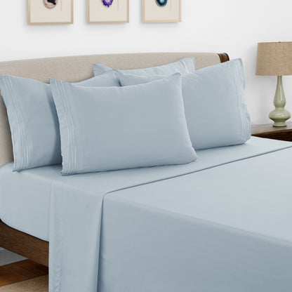 Lux Decor 6 Pieces Solid Bed Sheets Set - Modern Soft Comfortable Bedding Set, Hotel Luxury Skin Friendly Cooling Sheets & Embroidered Pillowcases Without Filler - All Seasons Bed Sheet with 16 Inches deep Pocket, Breathable Skin Friendly & Cooling Sheets