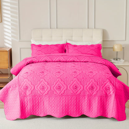 3pcs Exquisitely Crafted King/ Queen Size Quilted Bedspread Set with Intricate Floral Embroidery - 100% Polyester, Wrinkle - Resistant, Lightweight, Perfect for Adding A Touch of Elegance To Your Bedroom Decor