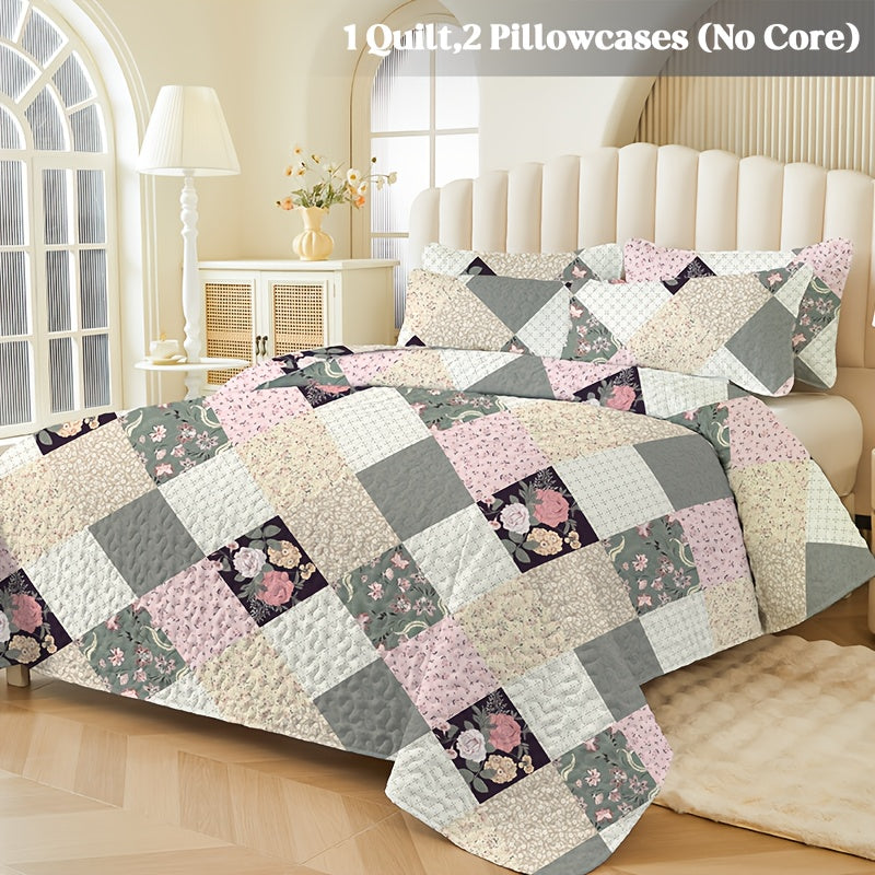 2/3pcs Quilt Set Queen King Twin Full Size Women Mother Valentine Day Gift, Lightweight Floral Patchwork Comforter Bedding Set, Quilted Bedspreads Bed Cover Boho Green Blue Pink Plaid, Soft Cozy Blanket Coverlet With Pillow Shams Spring Summer Autum