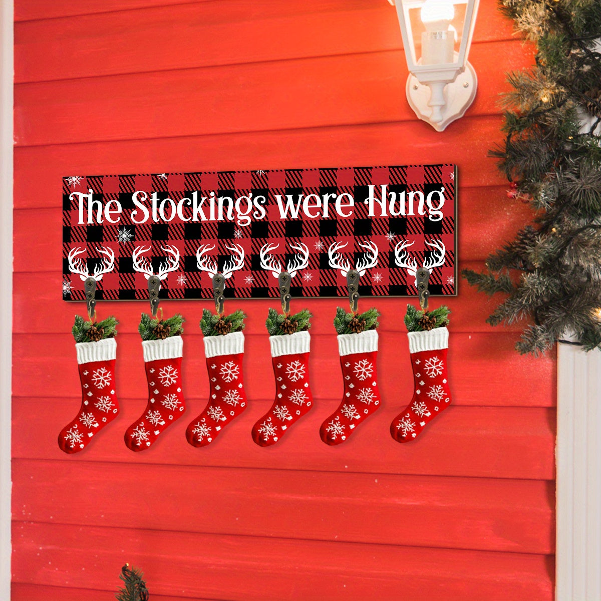 A Single Christmas Stocking Holder Featuring Six Hooks, Designed to Hang Stockings on a Wooden Sign. This Decorative Wall Hook Rack Is Perfect for Mantels, Showcasing The Phrase 'The Stockings Were Hung' in a Snowflake Design