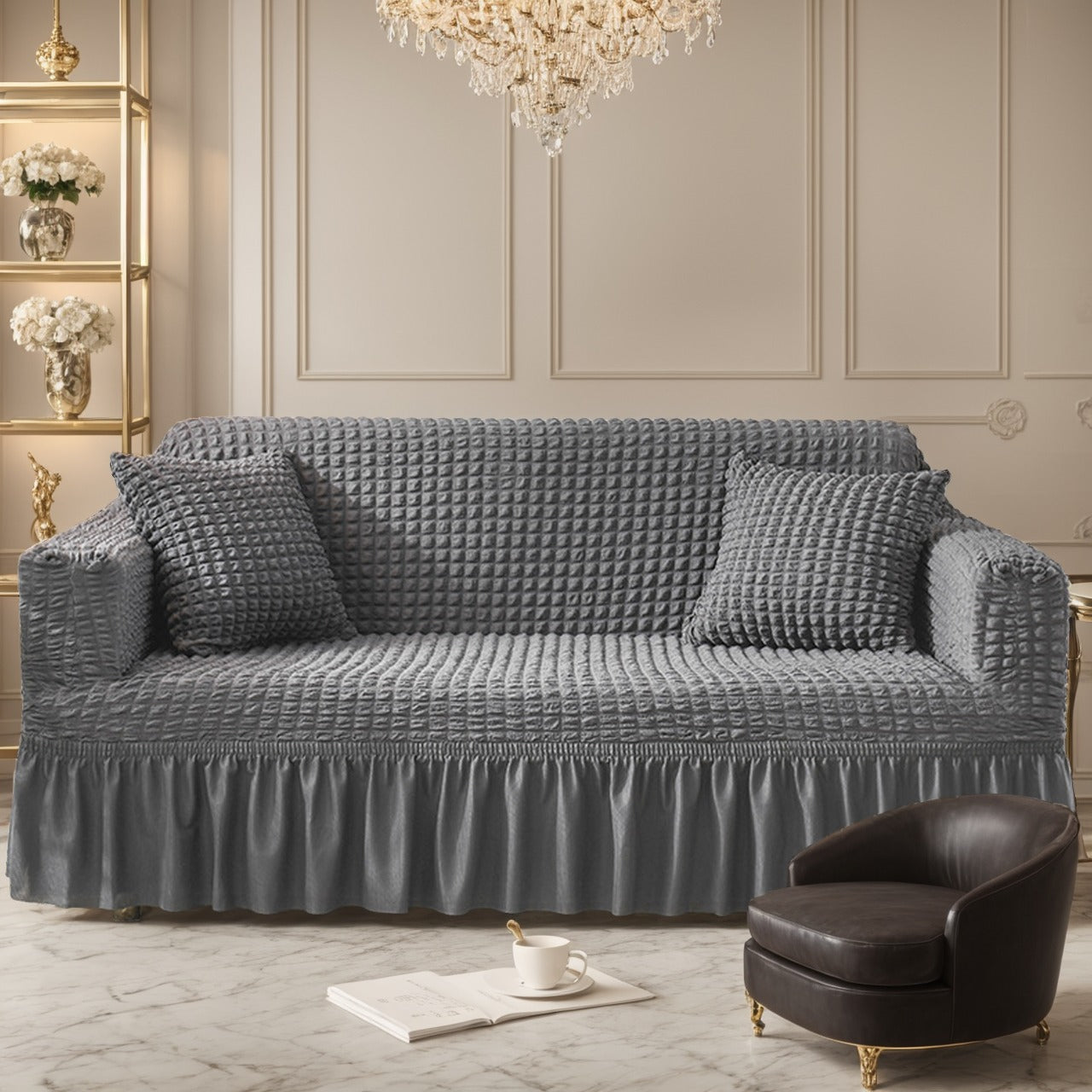 Seersucker Sofa Slipcover Set for Couch Cushion Durable Washable High Elastic Stretchable Furniture Couch Covers with Skirt for Sofa 1/2/3/4 Seater Arm Chair