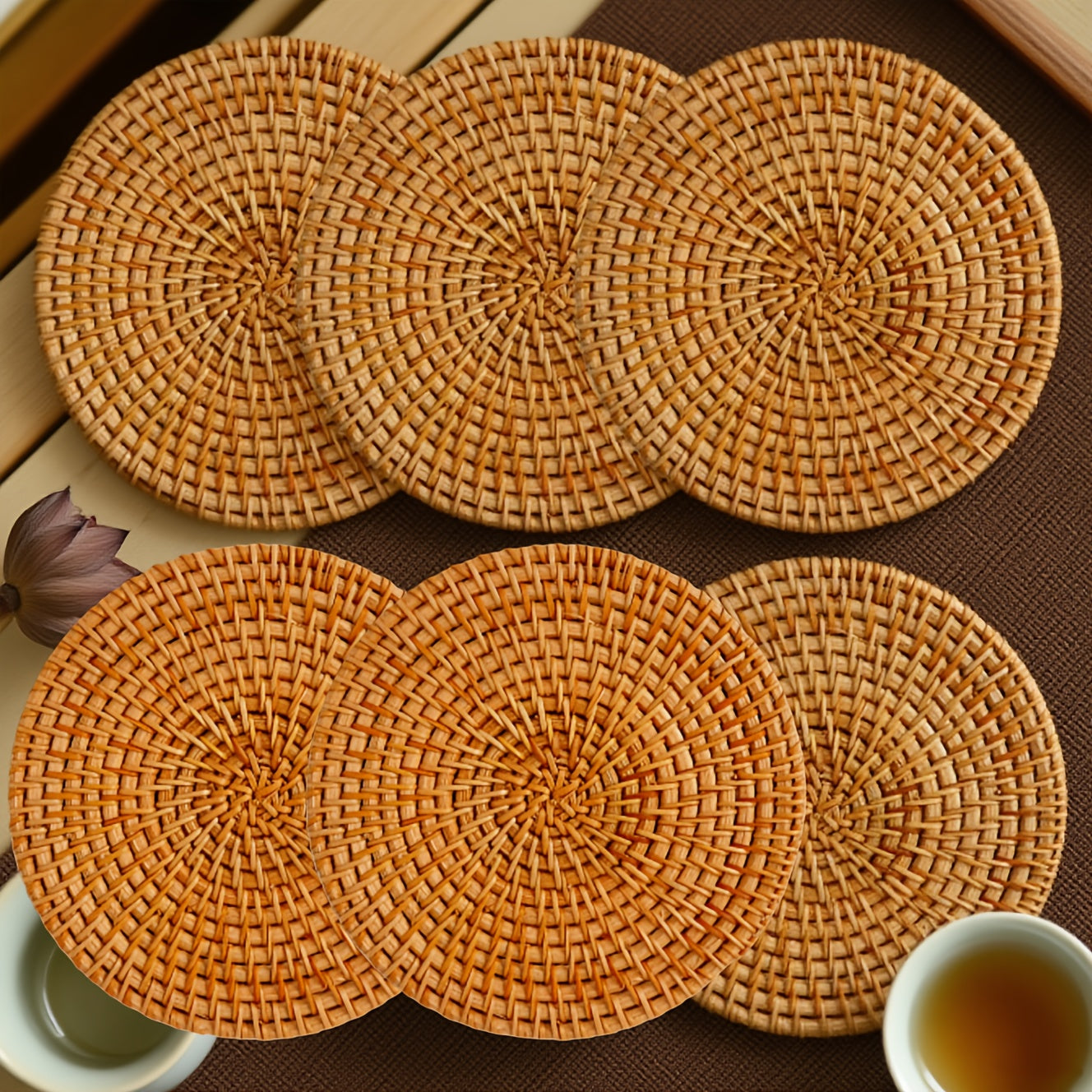 6pcs Set Handcrafted Rattan Woven Coasters, Heat-Resistant, Non-Slip Drink Mats for Kitchen & Dining Room Decor, Tabletop Protection(Excluding Coaster Baskets), Christmas Gifts