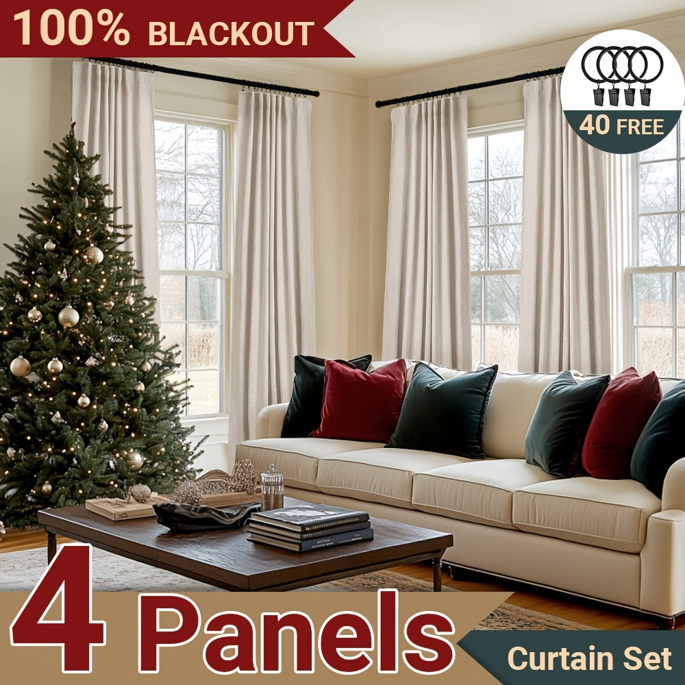 4 Panels 100% Blackout Curtains for Living Room - Faux Linen Textured Curtains 4 Panel Set- Complete Thermal Insulated Drapes for Bedroom with Clip Rings Or Rod Pocket Options for Ultimate Darkness And Energy Efficiency Home Decor