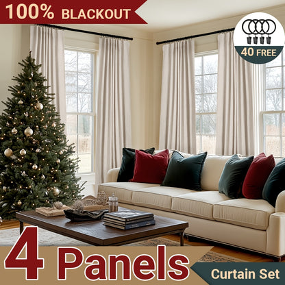 4 Panels 100% Blackout Curtains for Living Room - Faux Linen Textured Curtains 4 Panel Set- Complete Thermal Insulated Drapes for Bedroom with Clip Rings Or Rod Pocket Options for Ultimate Darkness And Energy Efficiency Home Decor