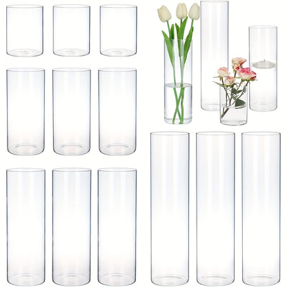 TOMNK 12/24pcs Glass Cylinder Vase 4, 6.8, 9, 12 Inch Glass Candle Holder Clear Vases for Centerpieces Tall Flower Vase for Wedding Home Decor Party 4 Different Sizes, Suitable for DIY Candle Making