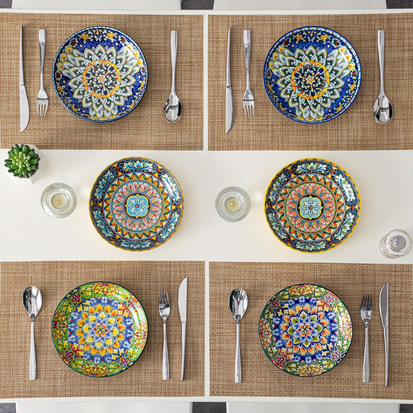 32 Oz Porcelain Bohemian Style Pasta Bowls | Set Of 6, Flower Pattern, Round Shape, Microwave Safe, Brand: VANCASSO