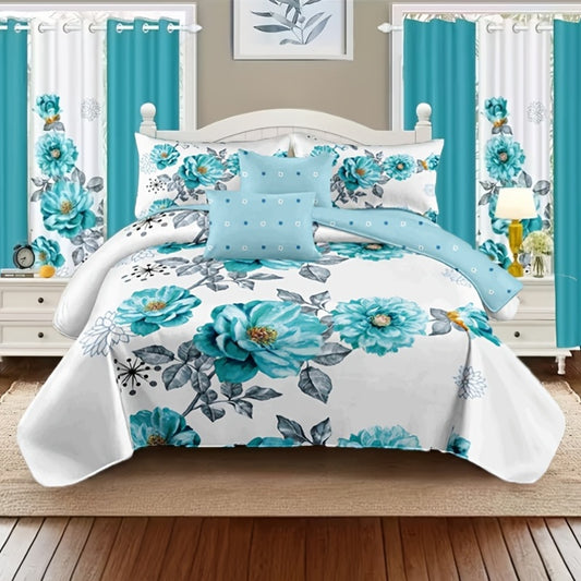 2/3pcs Teal Floral Bedding Comforter Set | Gradient Tones Oil Painting Style, Elegant Botanical Floral, Twin/Queen/King, Upgraded Luxury Quilt Set for All-Season, Bed in A Bag, Home Decor, Soft, Lightweight, Breathable, Microfiber, Ideal Family Gift