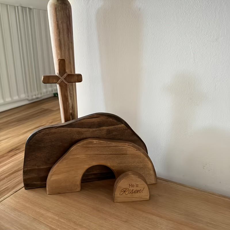 He Is Risen Wooden Tomb Easter Scene And Cross Decoration, Wood Easter Resurrection Scene for Tray,  Nativity Scene Decor for Religious Decorations, Home Office Tabletop, Shelf Decor