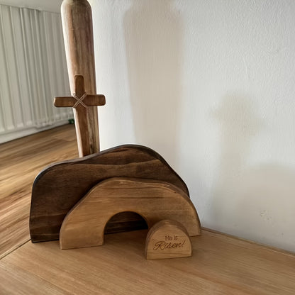 He Is Risen Wooden Tomb Easter Scene And Cross Decoration, Wood Easter Resurrection Scene for Tray,  Nativity Scene Decor for Religious Decorations, Home Office Tabletop, Shelf Decor