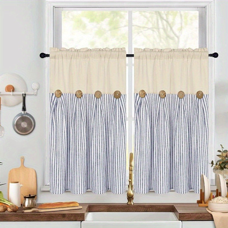 Semi Sheer Curtains Bohemian Linen Cotton Patchwork Grommet Top Window Drapes for Bedroom Living Room Kitchen Bathroom Cafe - Boho Country Cottage Style 4 Seasons 1 or 2 Panels