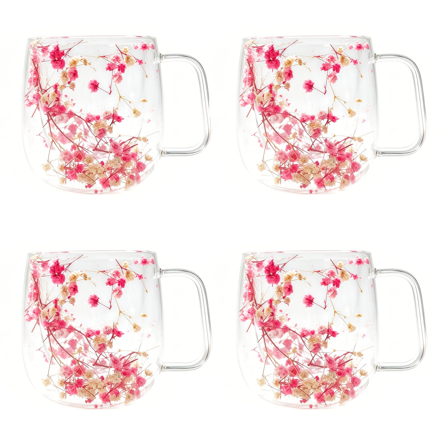 4pcs Double-Wall Glass Coffee Cups with Handle - Leakproof Suitable for Tea, Cappuccino, Latte, Dried Flower Design Thermal Mugs, Transparent Cups for, Office, Parties, Holiday Gifts (Hand Wash Only)